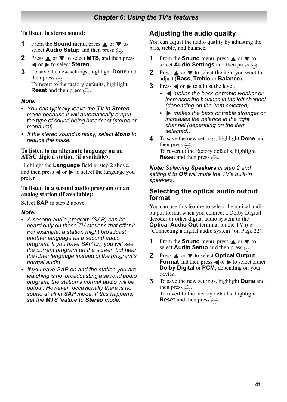 Chapter 6: using the tv’s features, Adjusting the audio quality, Selecting the optical audio output format | Toshiba 15CV101U User Manual | Page 41 / 88