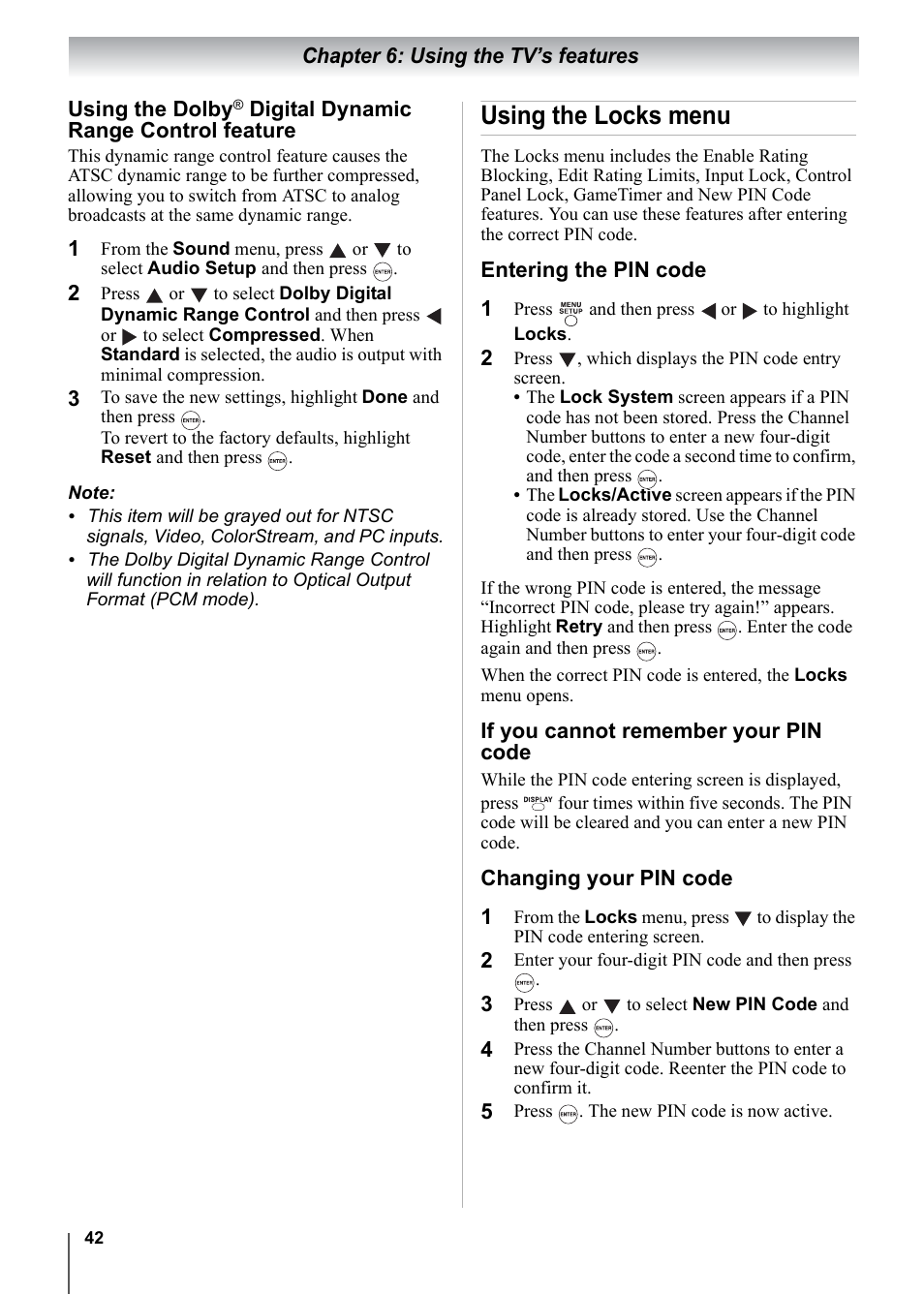 Using the locks menu | Toshiba 15CV101U User Manual | Page 42 / 88