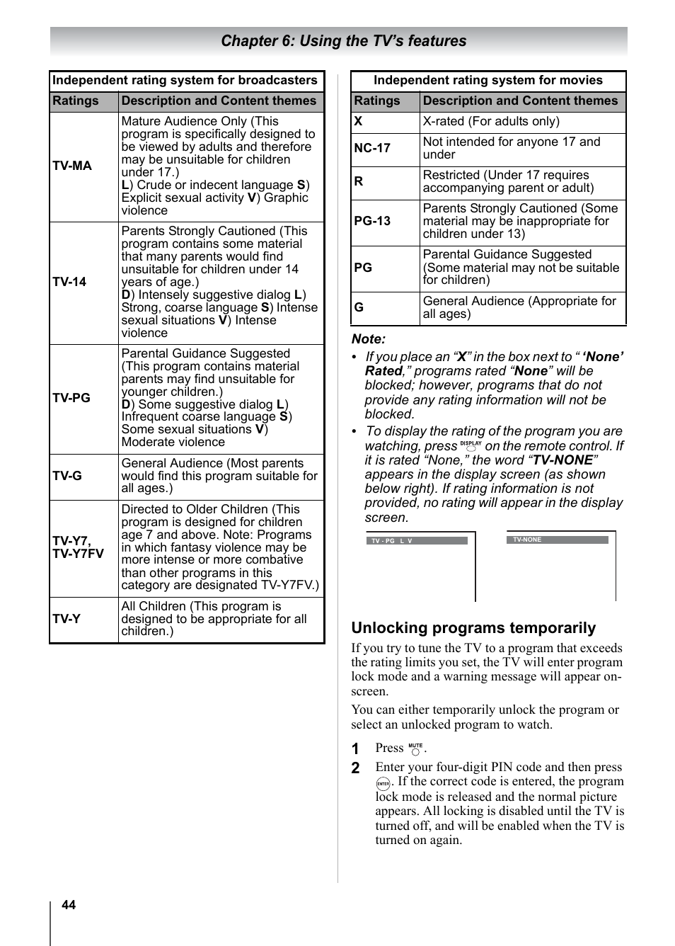 Chapter 6: using the tv’s features, Unlocking programs temporarily | Toshiba 15CV101U User Manual | Page 44 / 88