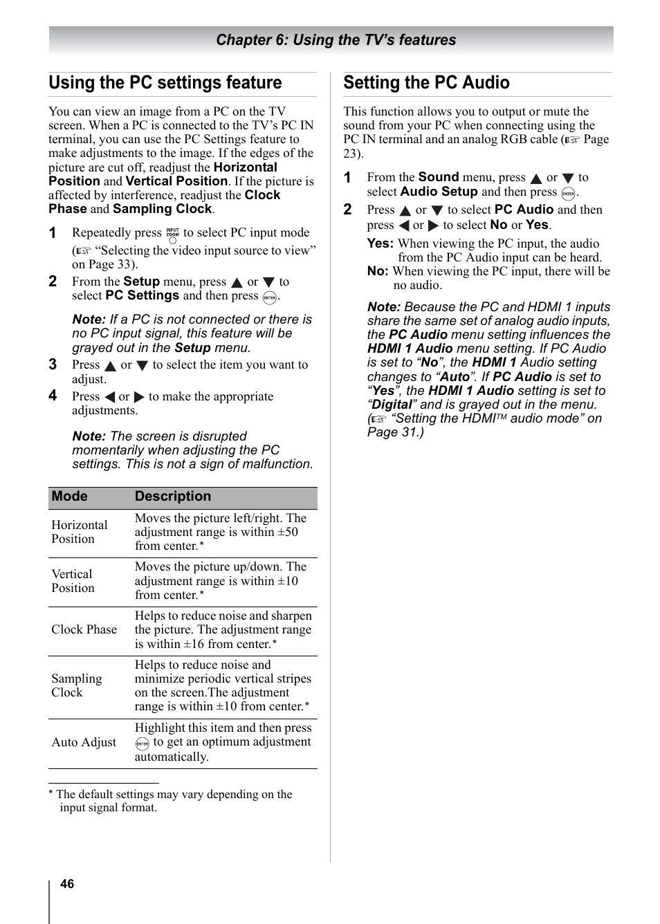 Using the pc settings feature, Setting the pc audio, Chapter 6: using the tv’s features | Toshiba 15CV101U User Manual | Page 46 / 88