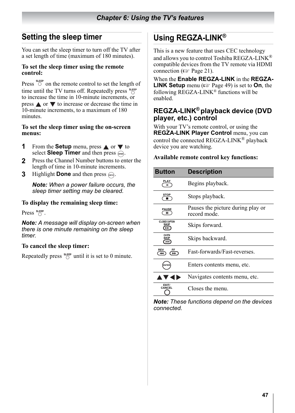 Setting the sleep timer, Using regza-link, Chapter 6: using the tv’s features | Regza-link, Playback device (dvd player, etc.) control | Toshiba 15CV101U User Manual | Page 47 / 88