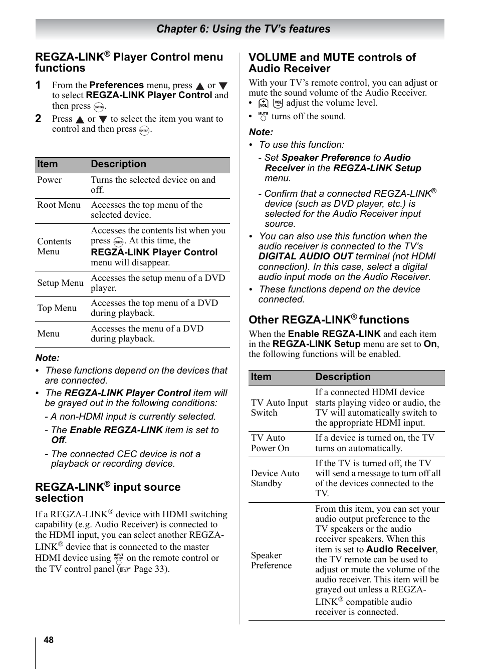 Chapter 6: using the tv’s features regza-link, Player control menu functions, Regza-link | Input source selection, Volume and mute controls of audio receiver, Other regza-link, Functions | Toshiba 15CV101U User Manual | Page 48 / 88