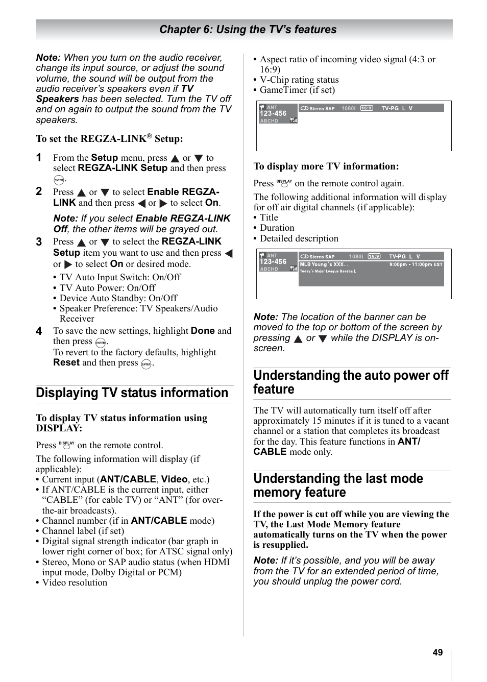 Displaying tv status information, Understanding the auto power off feature, Chapter 6: using the tv’s features | Toshiba 15CV101U User Manual | Page 49 / 88