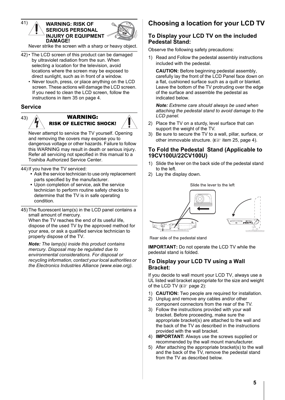 Choosing a location for your lcd tv | Toshiba 15CV101U User Manual | Page 5 / 88