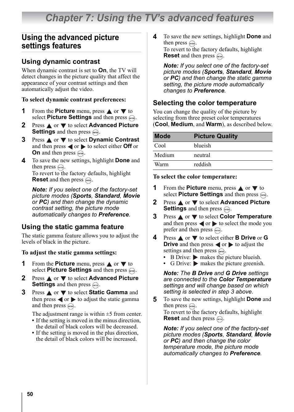 Chapter 7: using the tv’s advanced features, Using the advanced picture settings features | Toshiba 15CV101U User Manual | Page 50 / 88