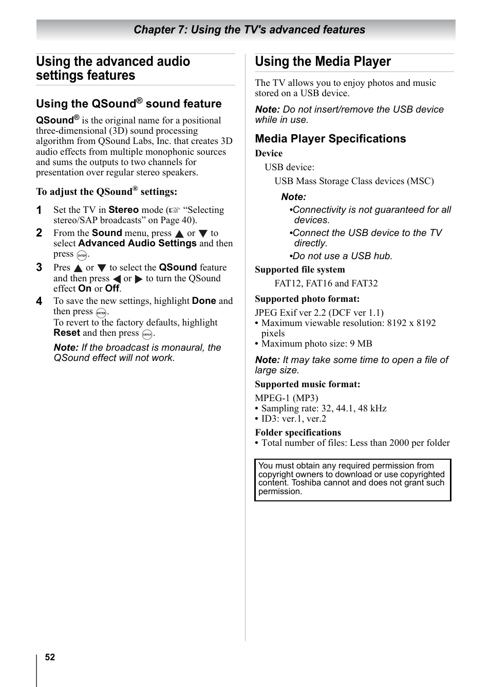 Using the advanced audio settings features, Using the media player, Chapter 7: using the tv's advanced features | Using the qsound, Sound feature, Media player specifications | Toshiba 15CV101U User Manual | Page 52 / 88