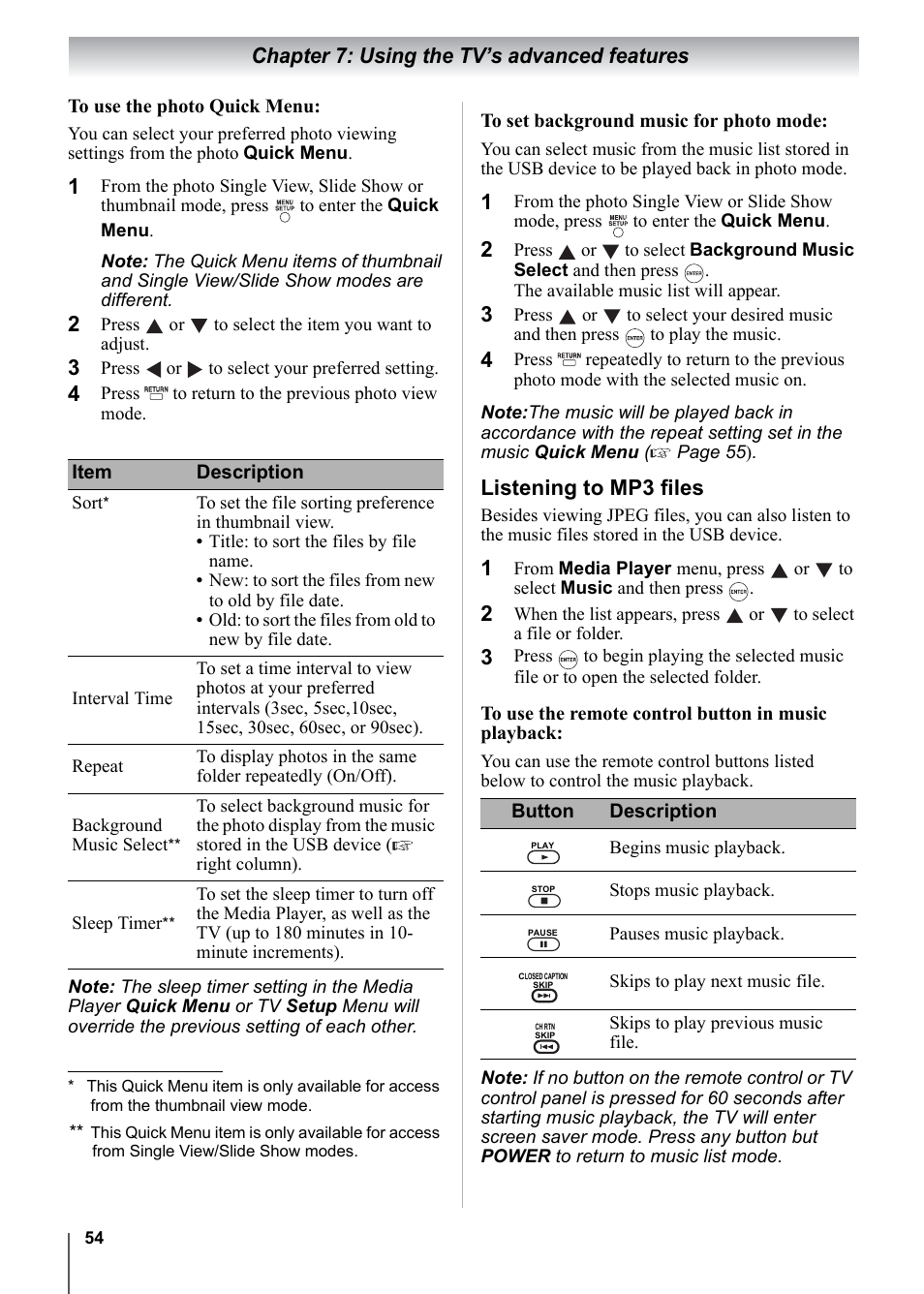 Chapter 7: using the tv’s advanced features, Listening to mp3 files | Toshiba 15CV101U User Manual | Page 54 / 88