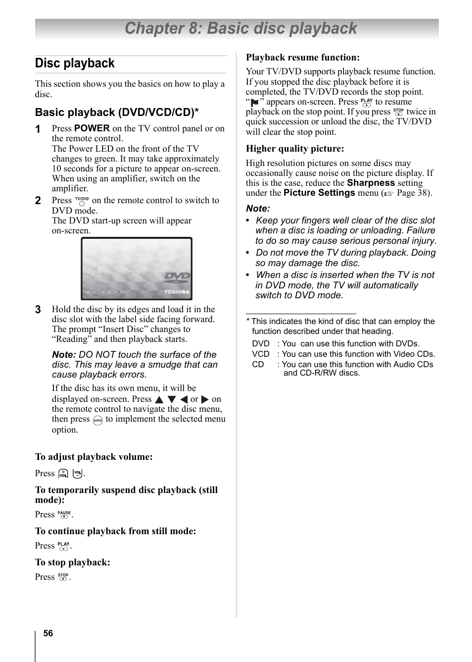 Chapter 8: basic disc playback, Disc playback | Toshiba 15CV101U User Manual | Page 56 / 88
