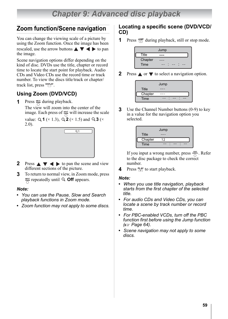 Chapter 9: advanced disc playback, Zoom function/scene navigation, Using zoom (dvd/vcd) | Locating a specific scene (dvd/vcd/ cd) | Toshiba 15CV101U User Manual | Page 59 / 88