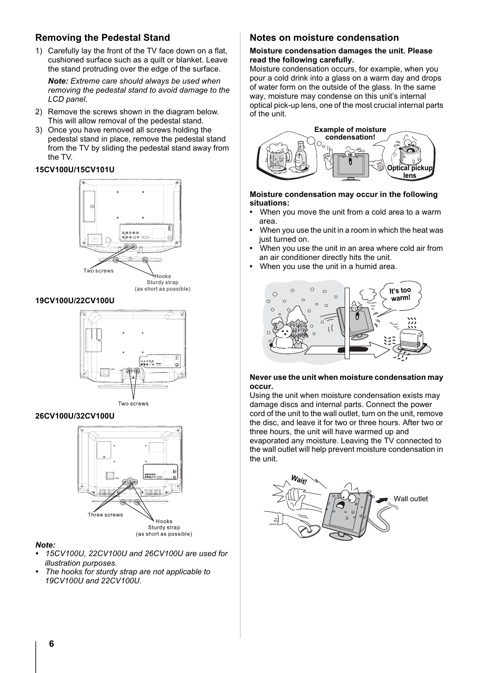 Removing the pedestal stand | Toshiba 15CV101U User Manual | Page 6 / 88