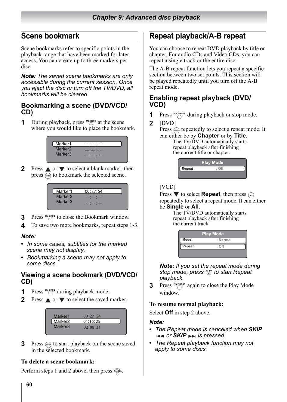 Scene bookmark, Repeat playback/a-b repeat, Chapter 9: advanced disc playback | Bookmarking a scene (dvd/vcd/ cd), Viewing a scene bookmark (dvd/vcd/ cd), Enabling repeat playback (dvd/ vcd) | Toshiba 15CV101U User Manual | Page 60 / 88