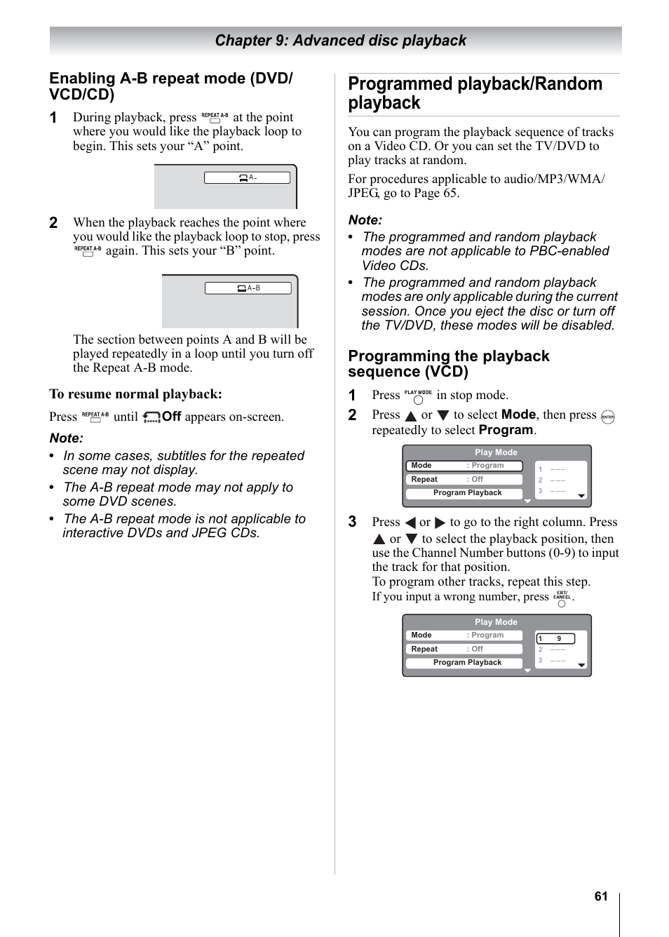 Programmed playback/random playback, Programming the playback sequence (vcd) 1 | Toshiba 15CV101U User Manual | Page 61 / 88