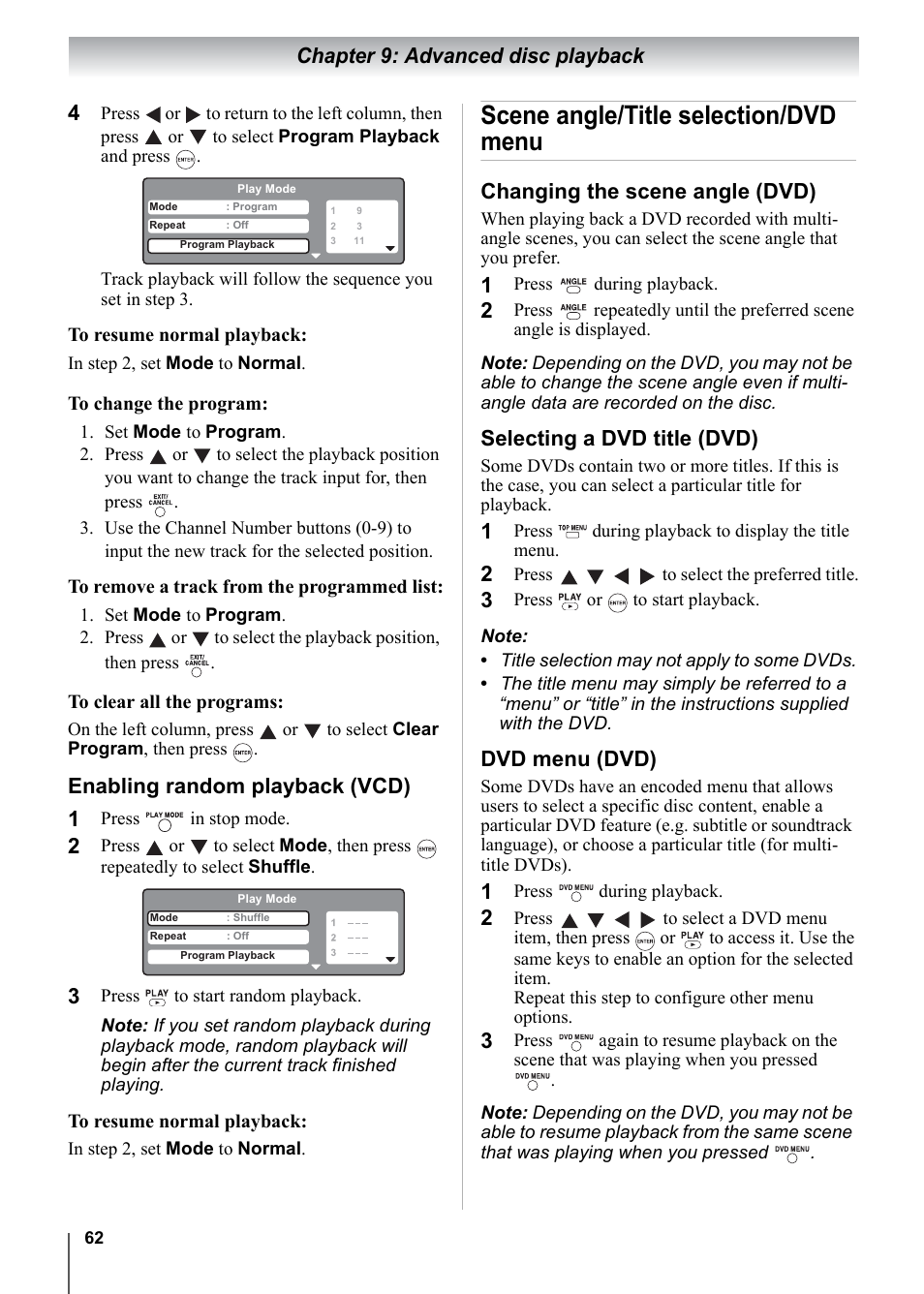 Scene angle/title selection/dvd menu, Chapter 9: advanced disc playback, Enabling random playback (vcd) | Changing the scene angle (dvd), Selecting a dvd title (dvd), Dvd menu (dvd) | Toshiba 15CV101U User Manual | Page 62 / 88