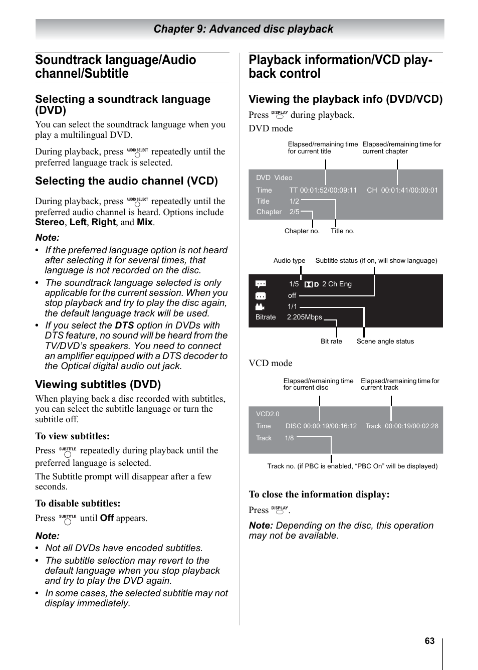 Soundtrack language/audio channel/subtitle, Playback information/vcd play- back control, Chapter 9: advanced disc playback | Selecting a soundtrack language (dvd), Selecting the audio channel (vcd), Viewing subtitles (dvd), Viewing the playback info (dvd/vcd) | Toshiba 15CV101U User Manual | Page 63 / 88