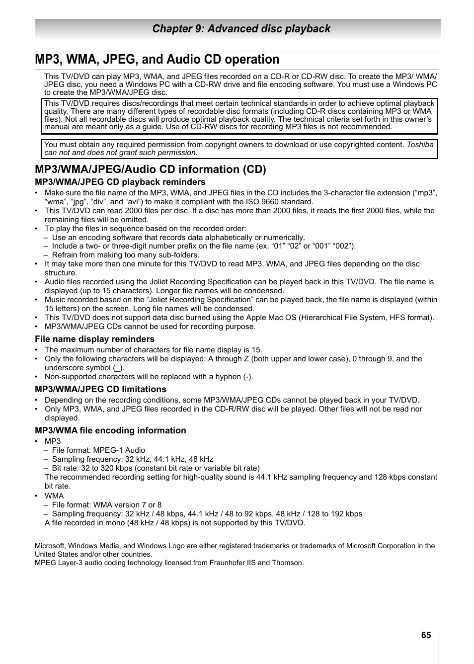 Mp3, wma, jpeg, and audio cd operation, Chapter 9: advanced disc playback, Mp3/wma/jpeg/audio cd information (cd) | Toshiba 15CV101U User Manual | Page 65 / 88