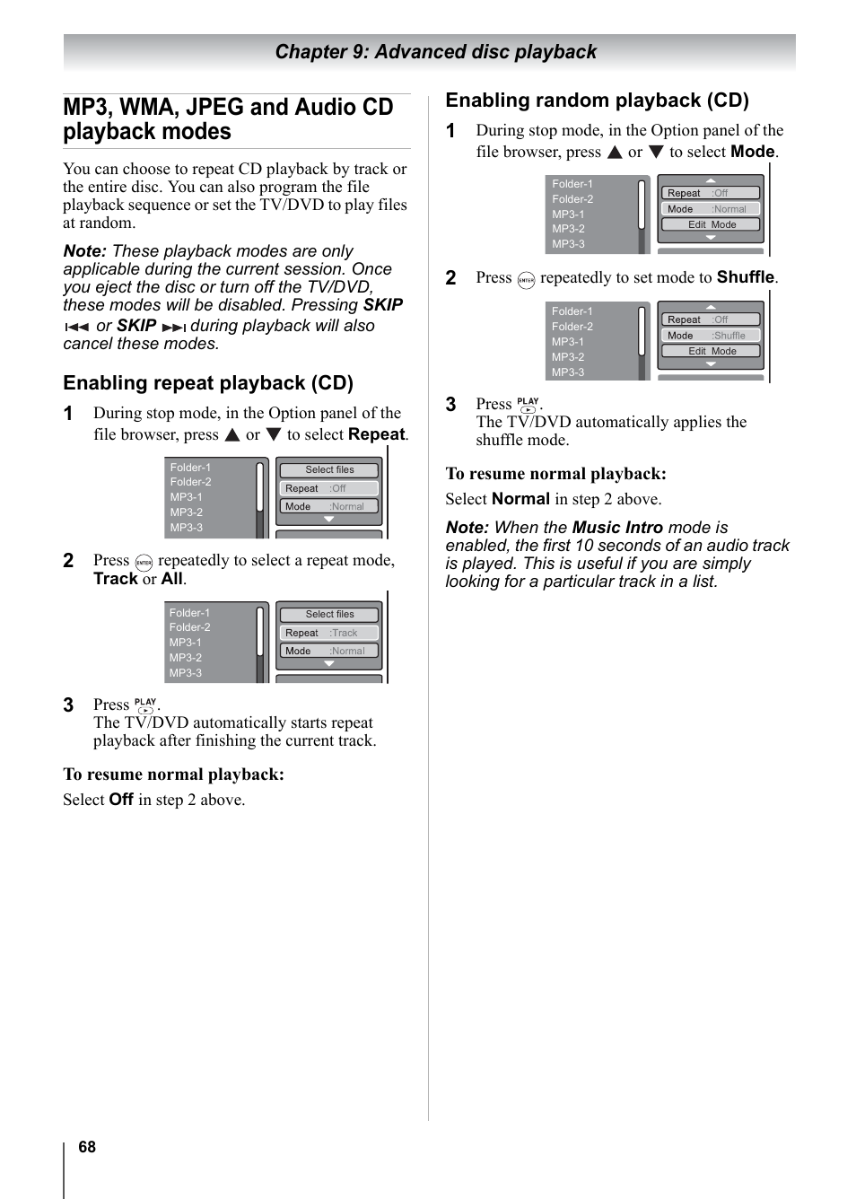 Mp3, wma, jpeg and audio cd playback modes, Chapter 9: advanced disc playback, Enabling repeat playback (cd) | Enabling random playback (cd) | Toshiba 15CV101U User Manual | Page 68 / 88