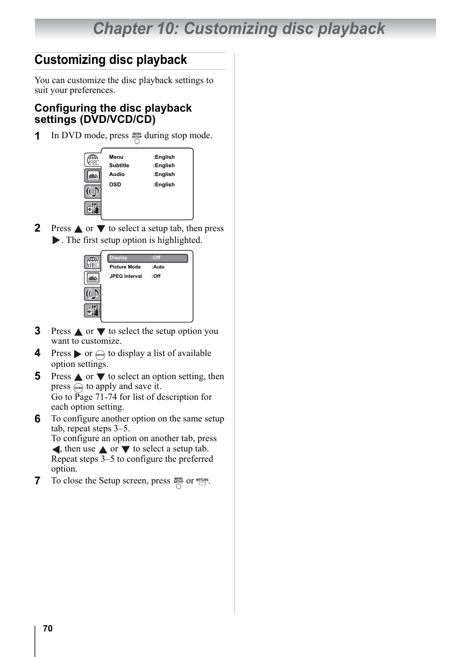 Chapter 10: customizing disc playback, Customizing disc playback | Toshiba 15CV101U User Manual | Page 70 / 88