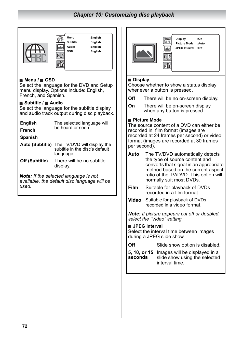 Chapter 10: customizing disc playback, There will be no subtitle display | Toshiba 15CV101U User Manual | Page 72 / 88