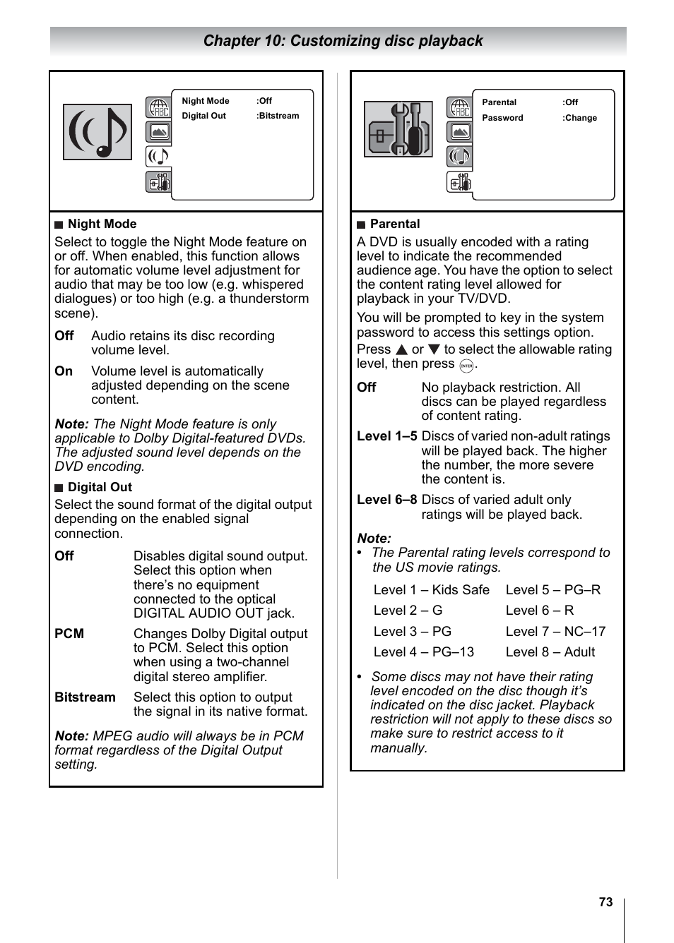 Chapter 10: customizing disc playback | Toshiba 15CV101U User Manual | Page 73 / 88