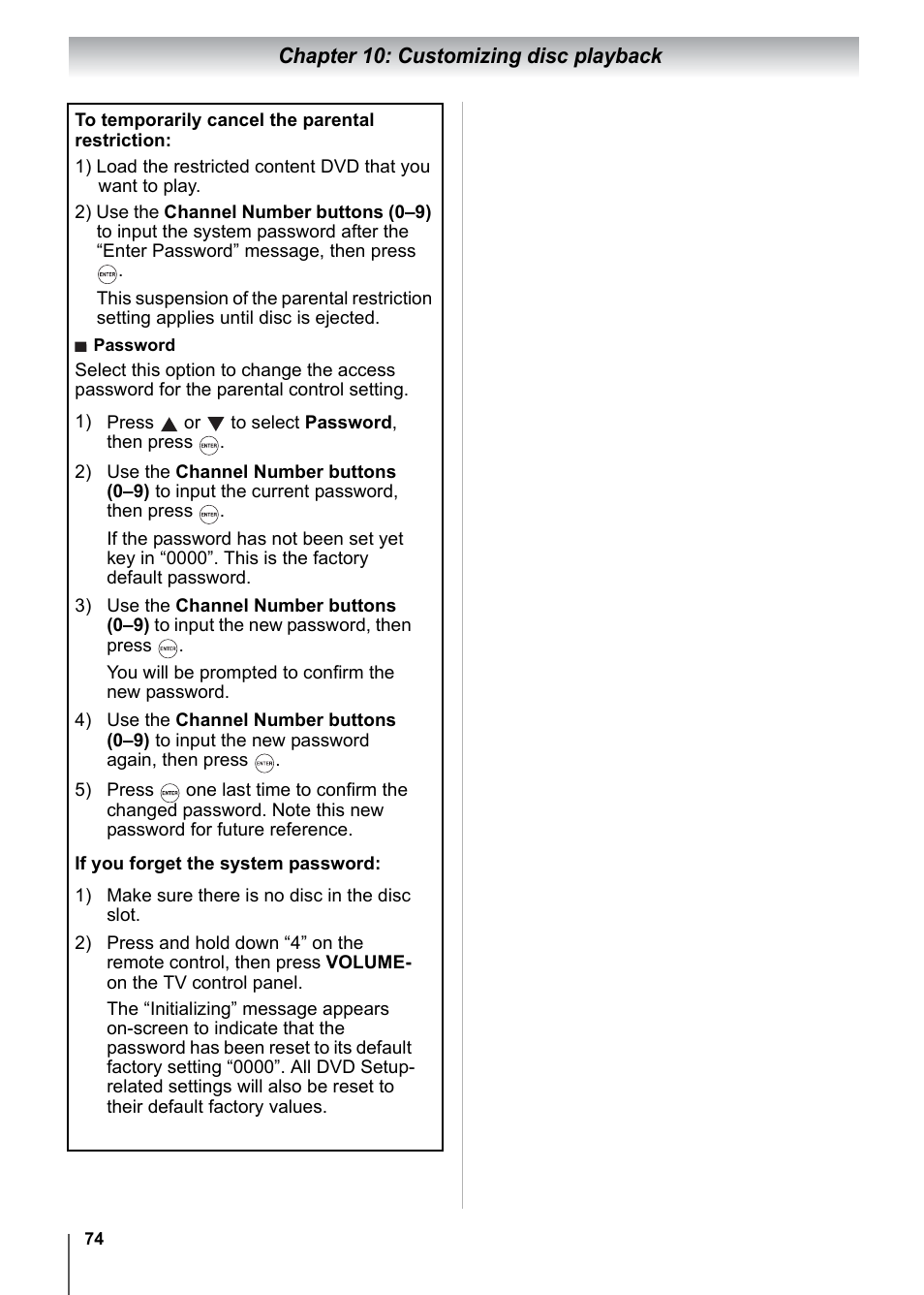 Chapter 10: customizing disc playback | Toshiba 15CV101U User Manual | Page 74 / 88