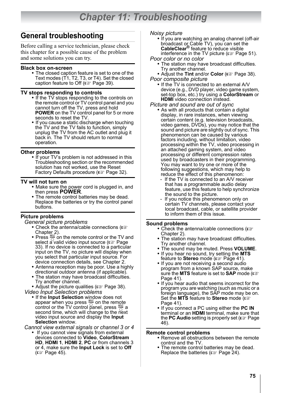 Chapter 11: troubleshooting, General troubleshooting | Toshiba 15CV101U User Manual | Page 75 / 88