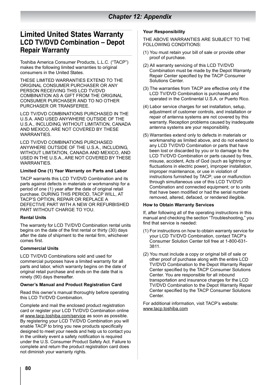 Limited united states warranty, Lcd tv/dvd combination – depot repair warranty, Chapter 12: appendix | Toshiba 15CV101U User Manual | Page 80 / 88