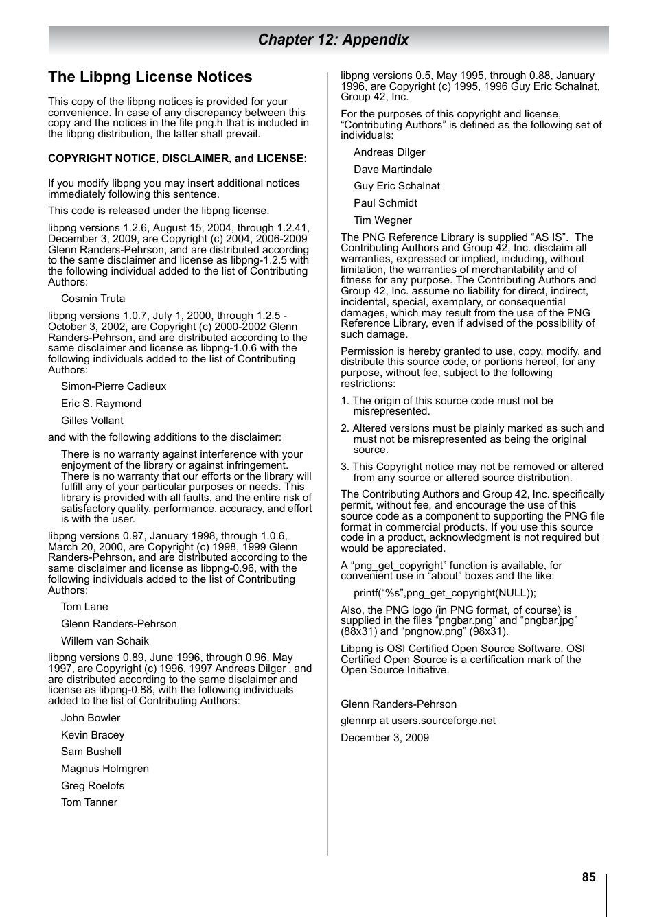 Chapter 12: appendix the libpng license notices | Toshiba 15CV101U User Manual | Page 85 / 88