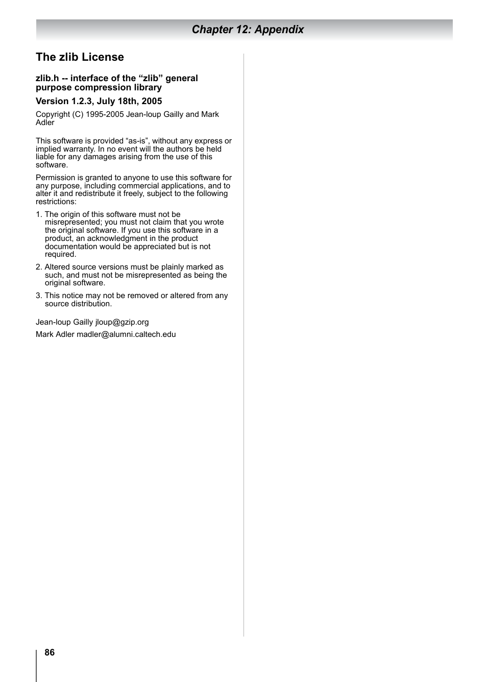 Chapter 12: appendix the zlib license | Toshiba 15CV101U User Manual | Page 86 / 88