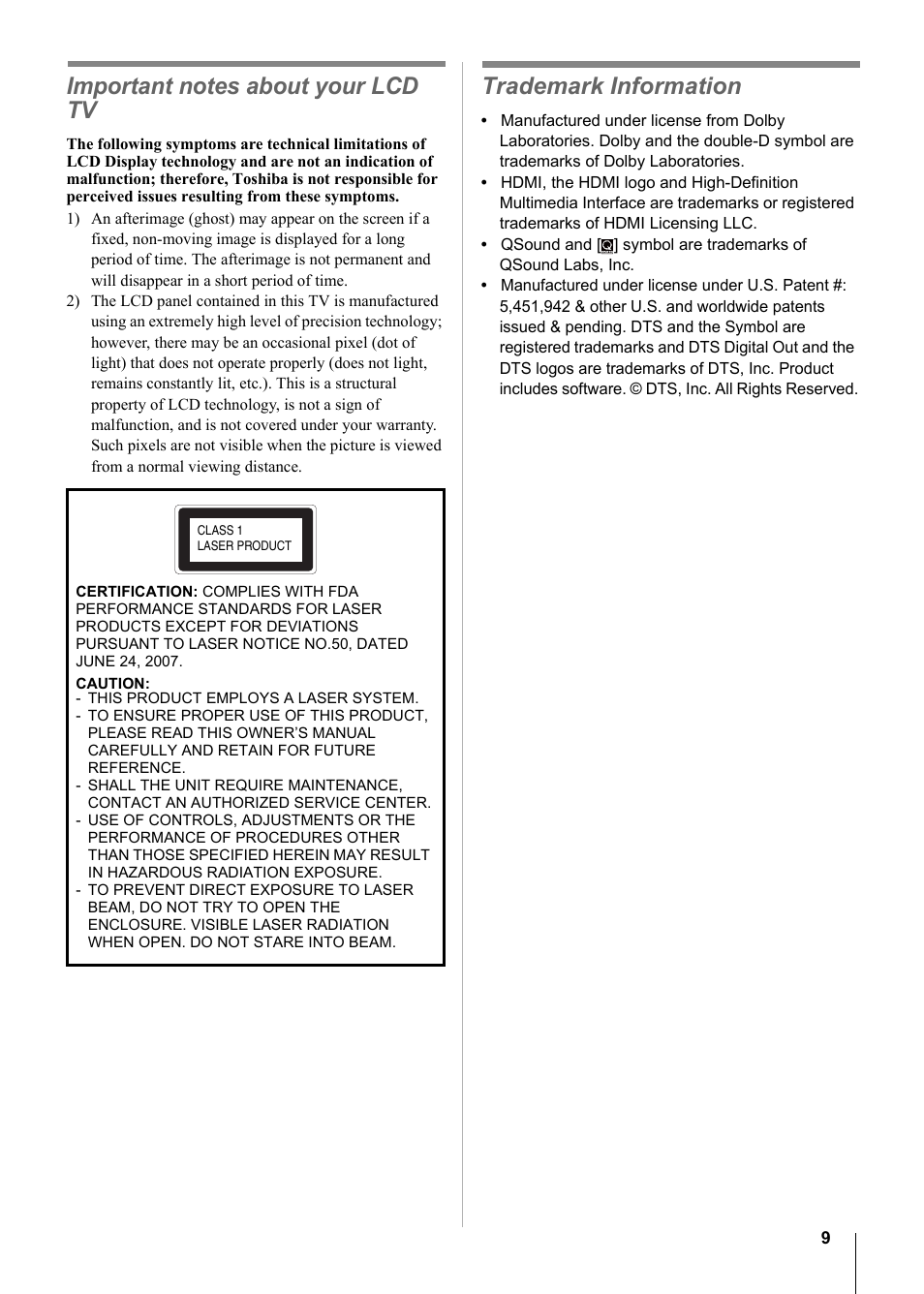 Trademark information | Toshiba 15CV101U User Manual | Page 9 / 88