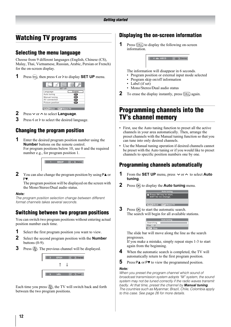 Watching tv programs, Selecting the menu language, Changing the program position 1 | Switching between two program positions, Displaying the on-screen information 1, Programming channels automatically 1 | Toshiba 26A3000A User Manual | Page 12 / 28