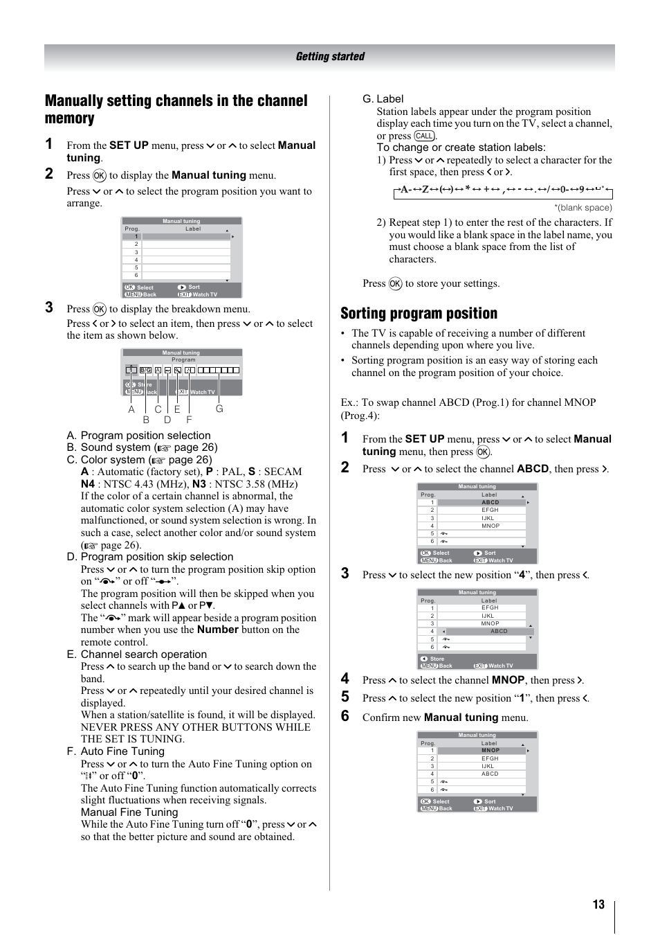 Sorting program position, Getting started, Press u to select the channel mnop , then press i | Confirm new manual tuning menu | Toshiba 26A3000A User Manual | Page 13 / 28