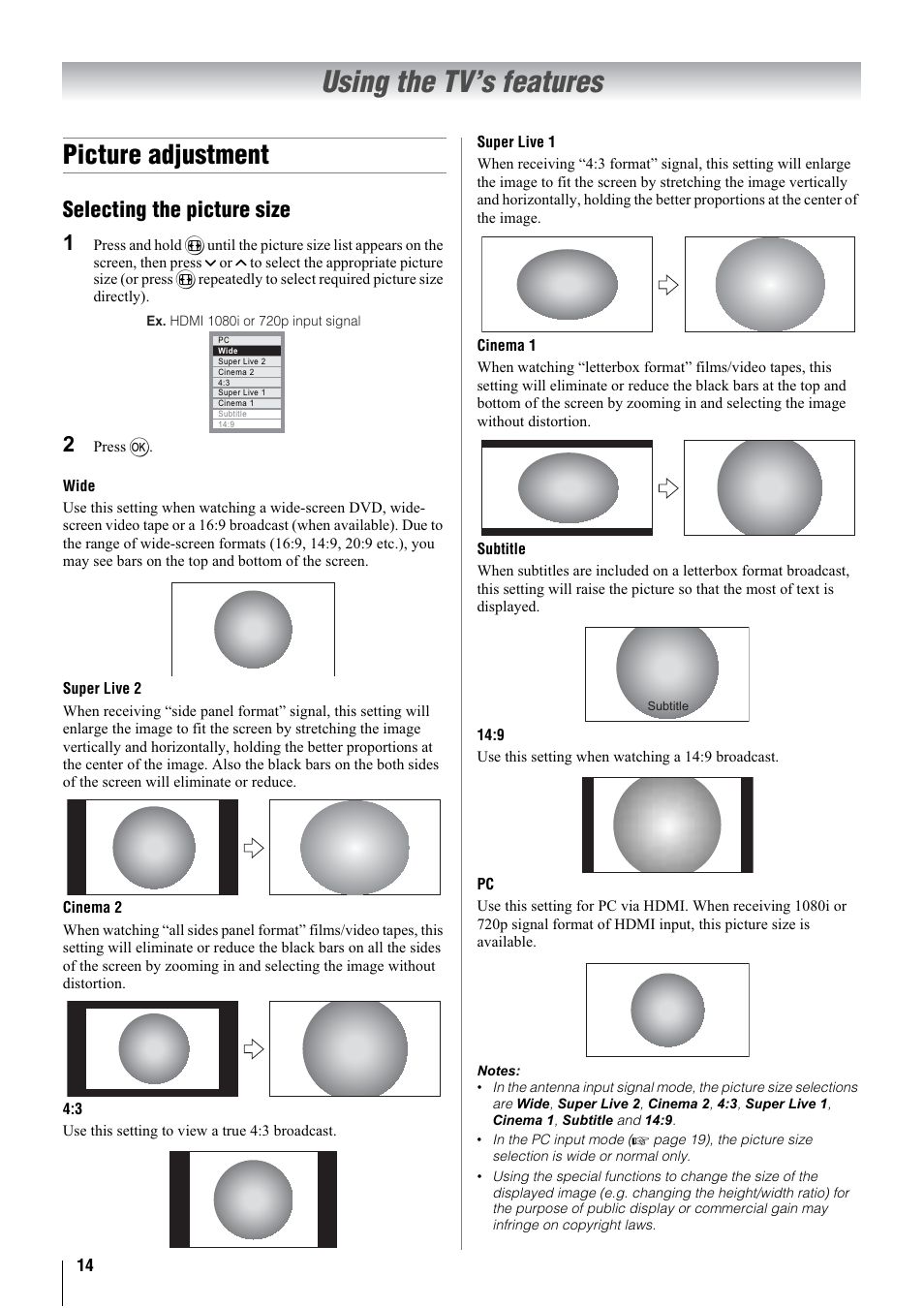 Using the tv’s features, Picture adjustment, Selecting the picture size 1 | Toshiba 26A3000A User Manual | Page 14 / 28