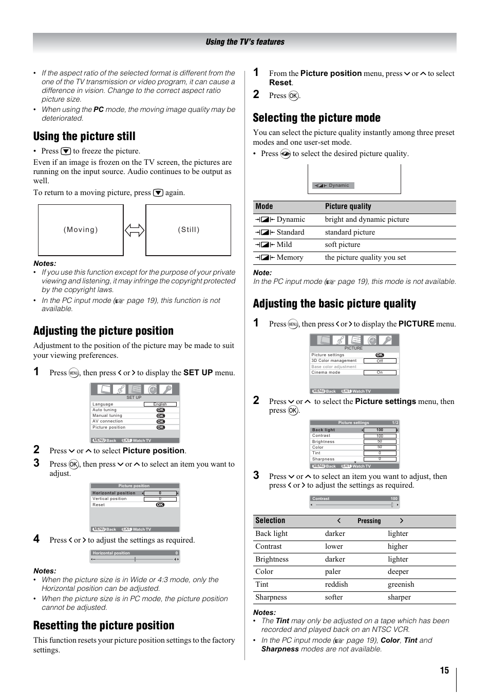 Using the picture still, Adjusting the picture position, Resetting the picture position | Selecting the picture mode, Adjusting the basic picture quality 1 | Toshiba 26A3000A User Manual | Page 15 / 28