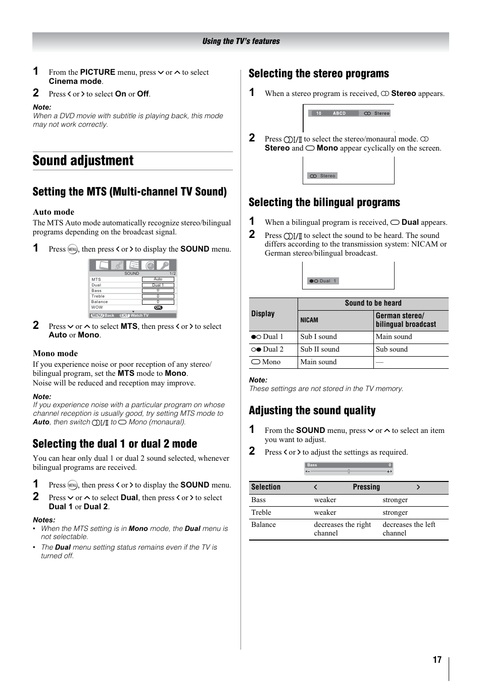 Sound adjustment, Setting the mts (multi-channel tv sound), Selecting the dual 1 or dual 2 mode | Selecting the stereo programs 1, Selecting the bilingual programs 1, Adjusting the sound quality 1 | Toshiba 26A3000A User Manual | Page 17 / 28