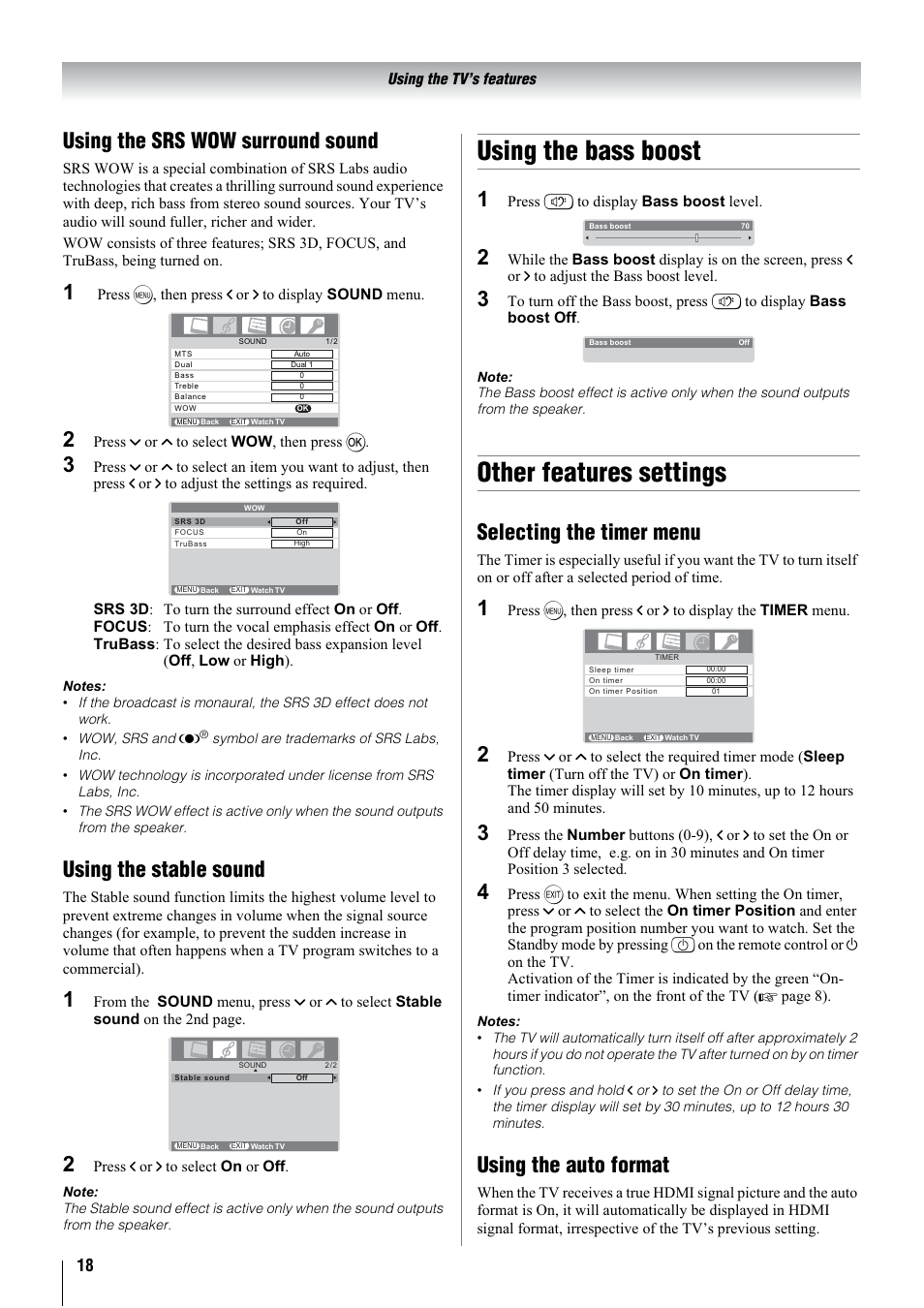 Using the bass boost, Other features settings, Using the srs wow surround sound | Using the stable sound, Selecting the timer menu, Using the auto format | Toshiba 26A3000A User Manual | Page 18 / 28