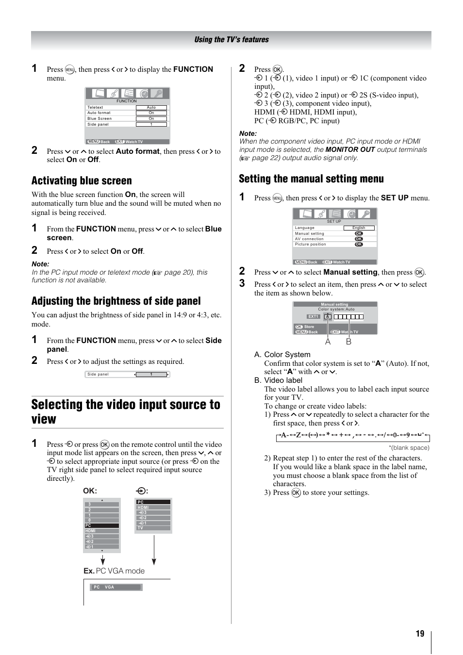 Selecting the video input source to view, Activating blue screen, Adjusting the brightness of side panel | Setting the manual setting menu 1 | Toshiba 26A3000A User Manual | Page 19 / 28