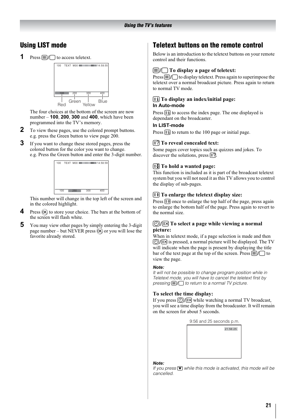 Using list mode 1, Teletext buttons on the remote control | Toshiba 26A3000A User Manual | Page 21 / 28