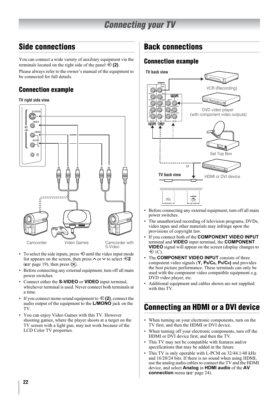 Connecting your tv, Side connections, Back connections | Connecting an hdmi or a dvi device, Connection example | Toshiba 26A3000A User Manual | Page 22 / 28