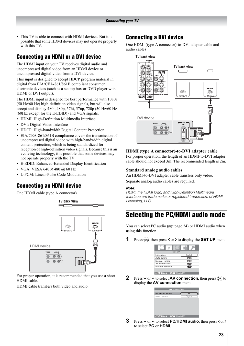 Selecting the pc/hdmi audio mode, Connecting an hdmi or a dvi device, Connecting an hdmi device | Connecting a dvi device, Hdmi (type a connector)-to-dvi adapter cable, Standard analog audio cables | Toshiba 26A3000A User Manual | Page 23 / 28