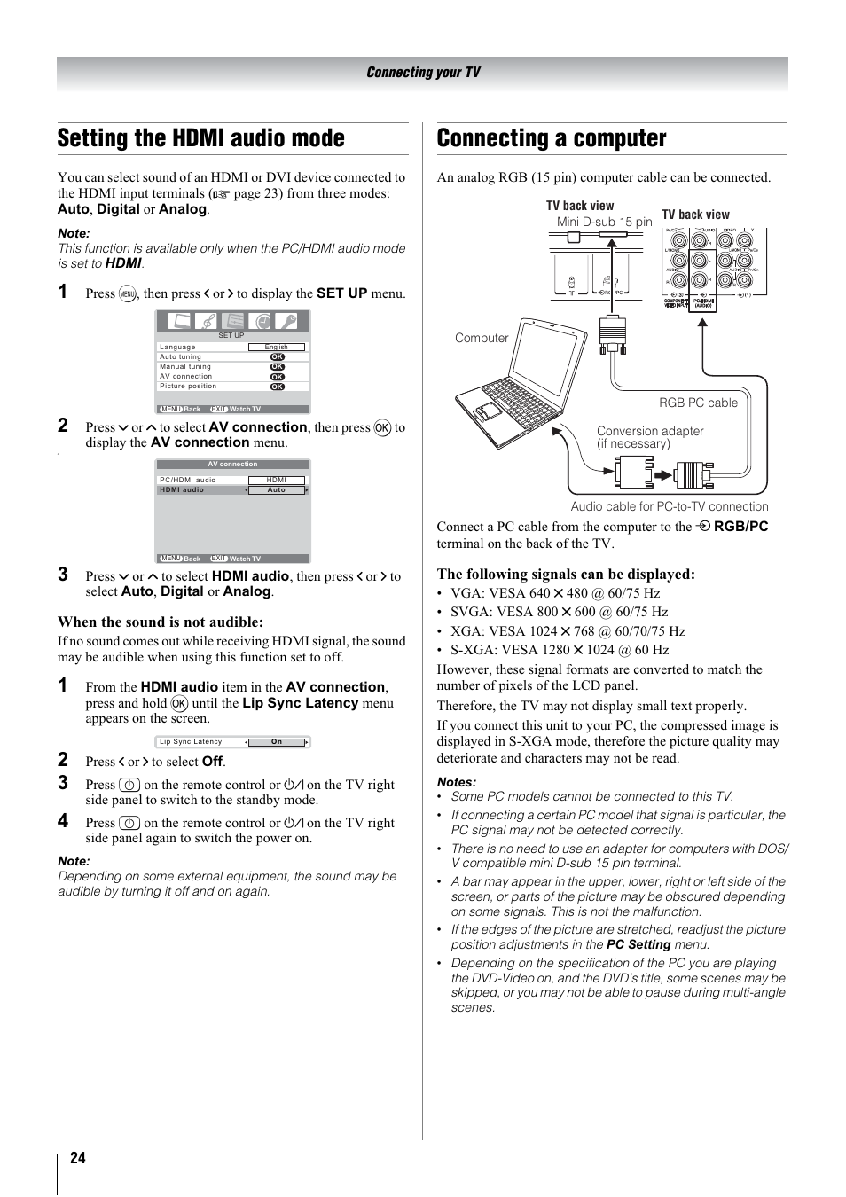 Setting the hdmi audio mode, Connecting a computer, When the sound is not audible | The following signals can be displayed | Toshiba 26A3000A User Manual | Page 24 / 28