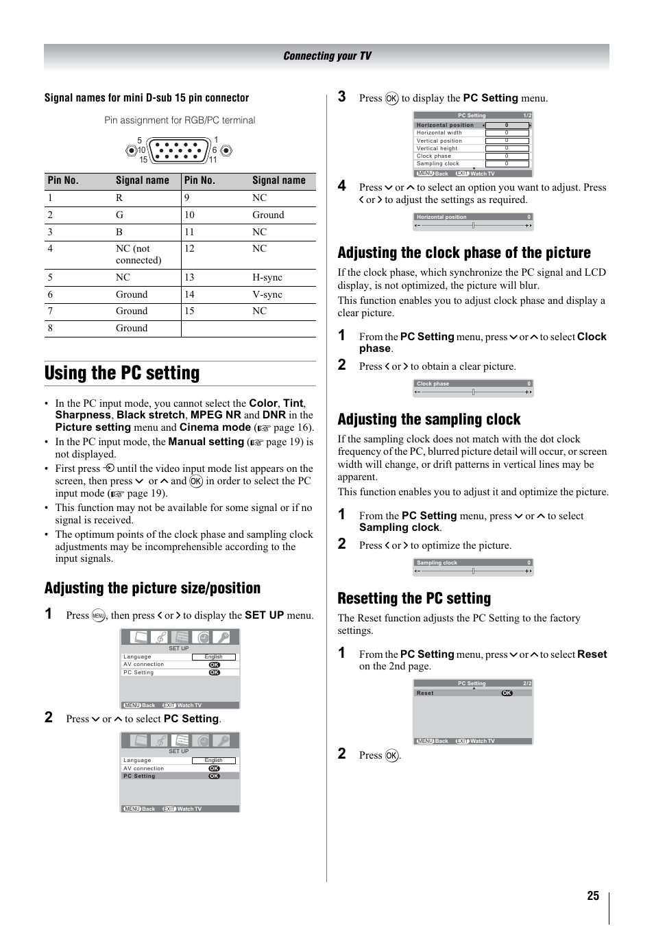 Using the pc setting, Adjusting the picture size/position 1, Adjusting the clock phase of the picture | Adjusting the sampling clock, Resetting the pc setting | Toshiba 26A3000A User Manual | Page 25 / 28