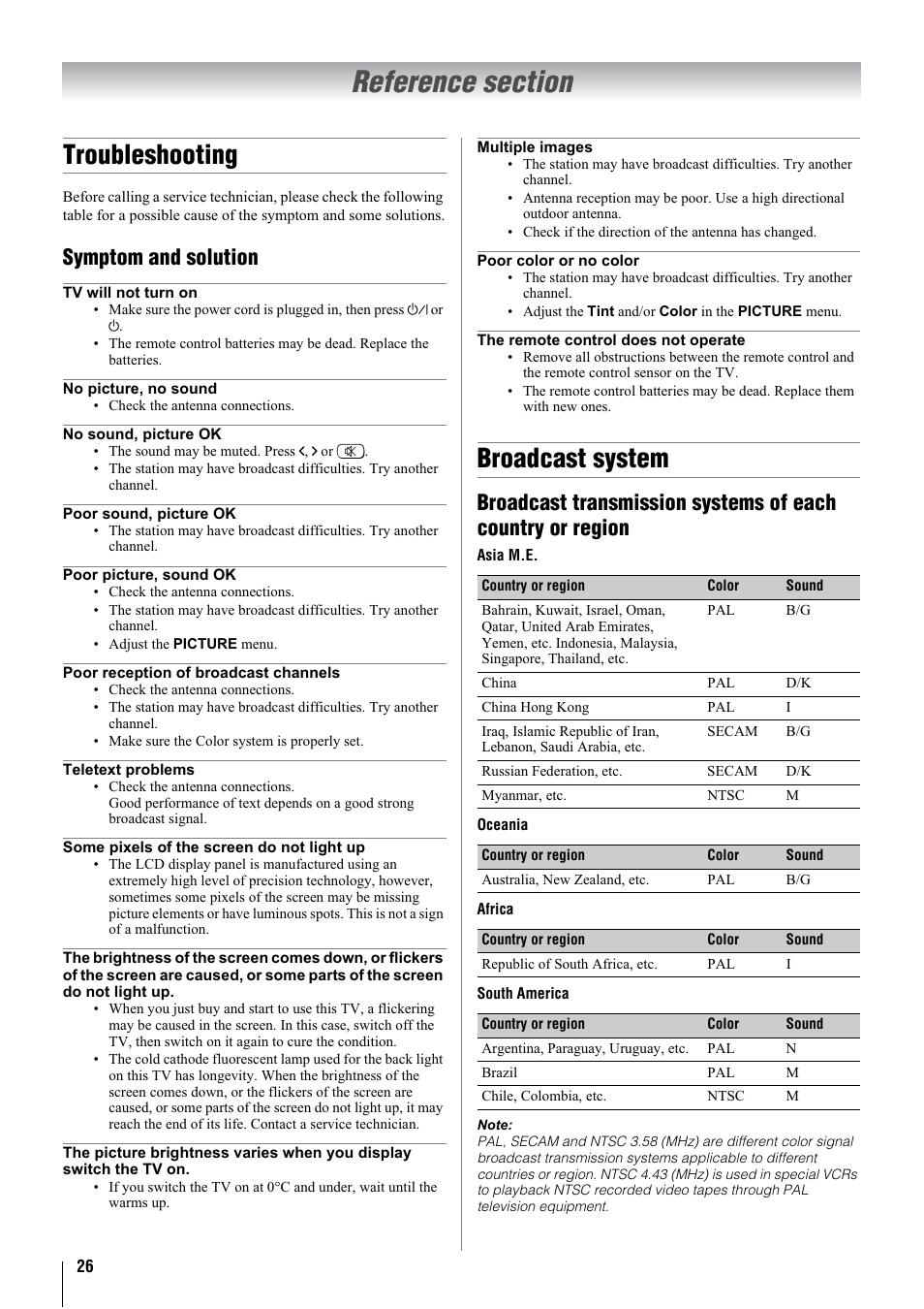 Troubleshooting, Broadcast system, Symptom and solution | Toshiba 26A3000A User Manual | Page 26 / 28