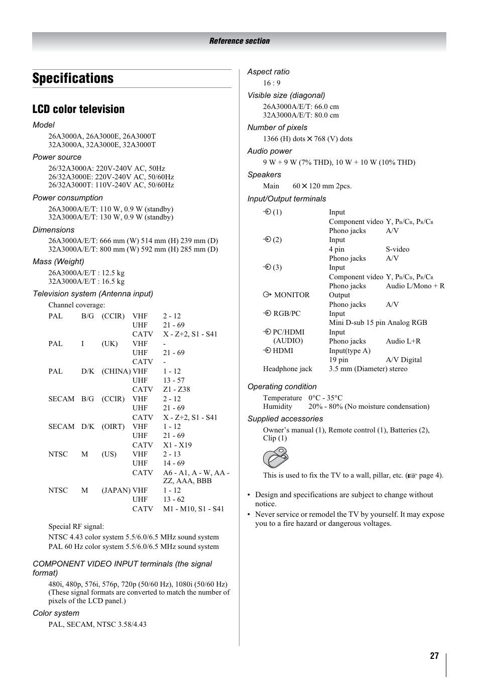 Specifications, Lcd color television | Toshiba 26A3000A User Manual | Page 27 / 28