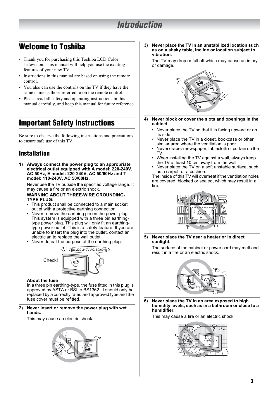 Introduction, Welcome to toshiba, Important safety instructions | Installation | Toshiba 26A3000A User Manual | Page 3 / 28