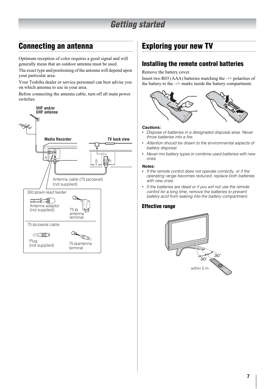 Getting started, Connecting an antenna, Exploring your new tv | Installing the remote control batteries | Toshiba 26A3000A User Manual | Page 7 / 28