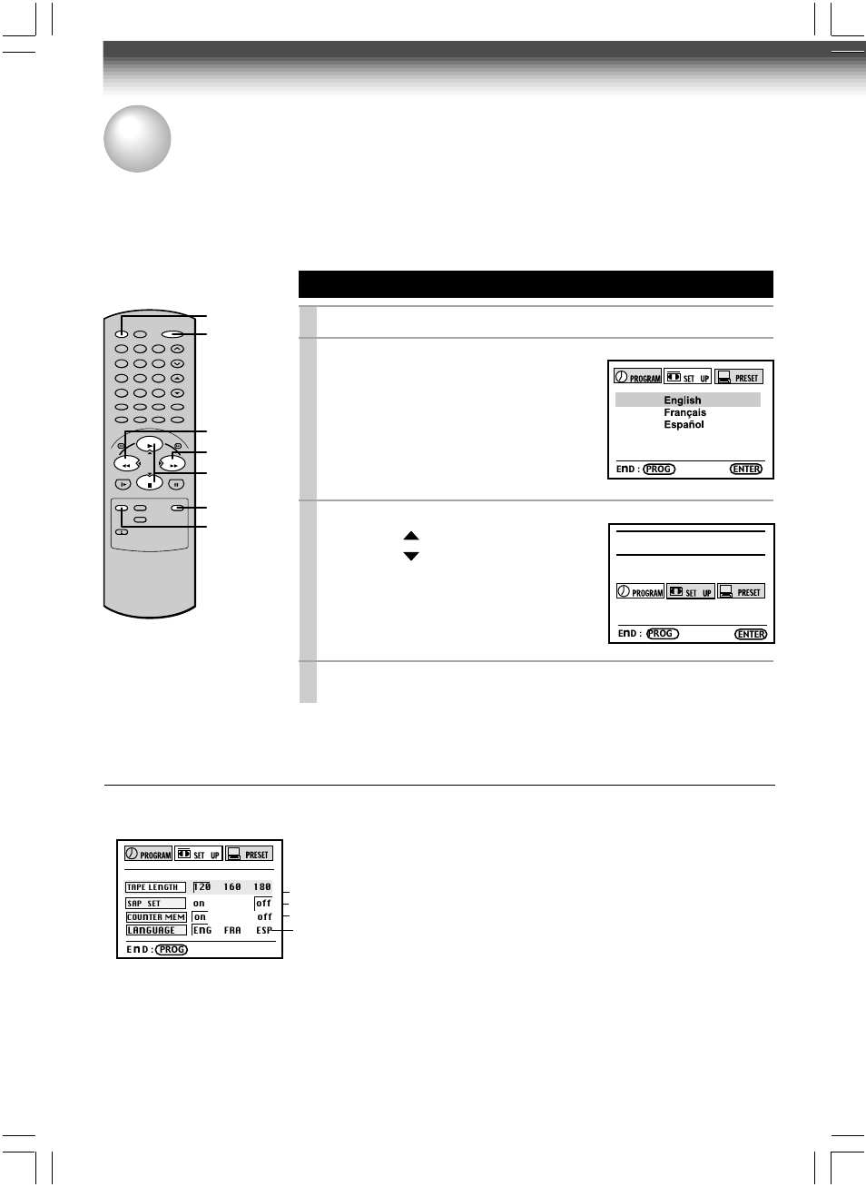 Initial settings using on-screen display, Setting the language, Press power to turn on the vcr | Press prog, Press prog. to return to the normal tv screen, Optional settings on the set up screen | Toshiba W-604 User Manual | Page 14 / 35