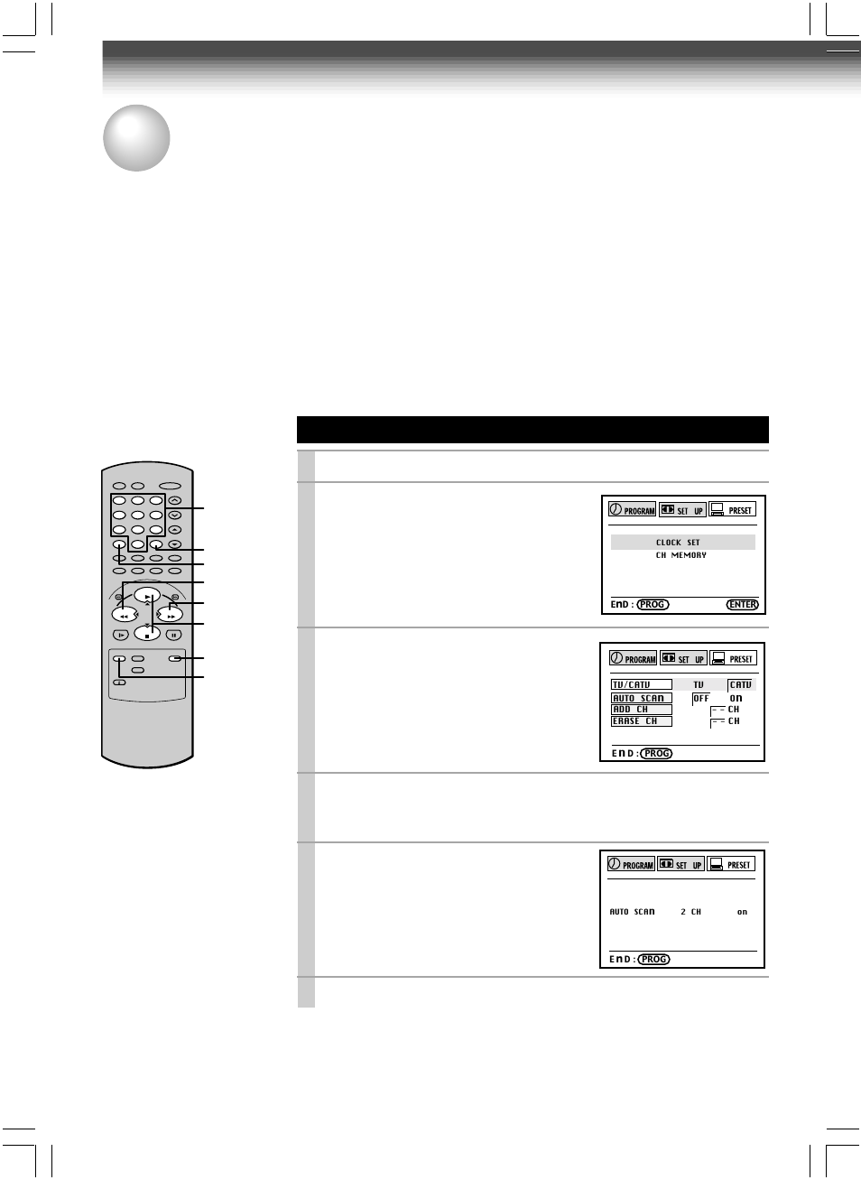 Storing channels on the vcr, Incoming antenna/cable(catv) signals, Press prog . to display the menu screen | Select “preset” using ff or rew , and press enter, Set “tv/catv“ to “tv” or “catv” using ff or rew, Press prog. three times to exit | Toshiba W-604 User Manual | Page 16 / 35