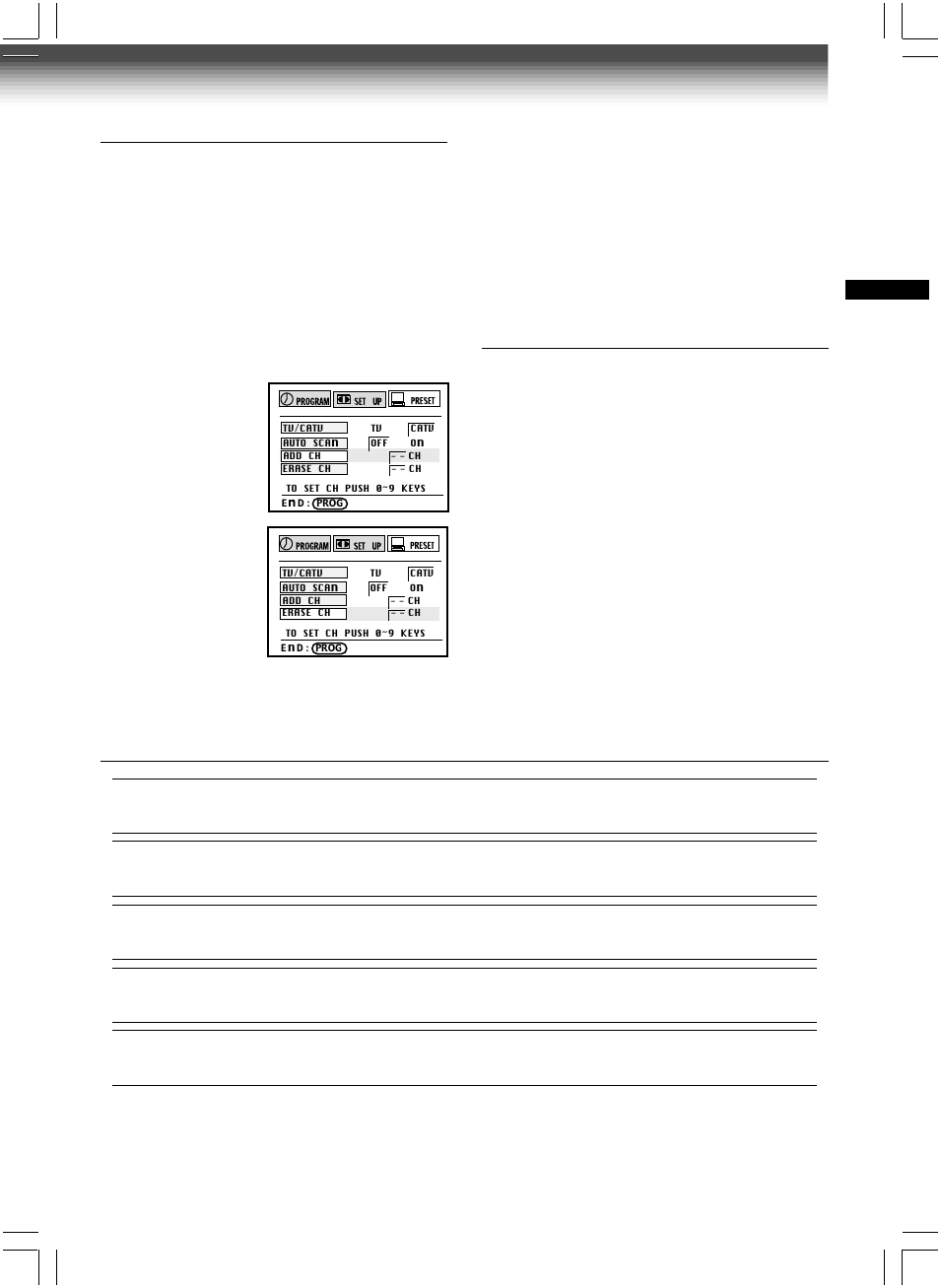 Channel reference chart, Selecting stored channels, Adding or erasing channels | Toshiba W-604 User Manual | Page 17 / 35
