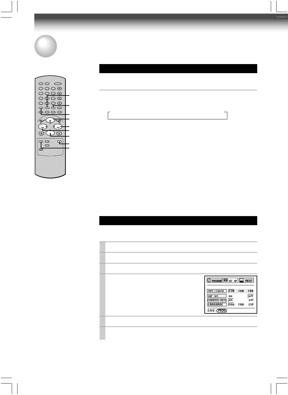 Useful functions in tape operation, Tape remaining time, Counter function | Turn on the vcr and load a cassette, Press prog. to display the menu screen, Select “set up” using ff or rew , and press enter, Select the length of the tape, using ff or rew, Press prog . twice to exit, Press remain/counter | Toshiba W-604 User Manual | Page 22 / 35