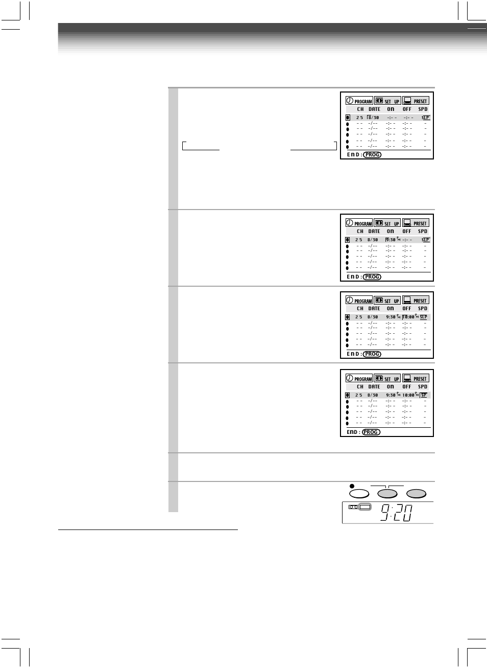 Timer program recording (continued), Move to the next, and set the recording off time, Press prog | Press both timer simultaneously, Auto speed select | Toshiba W-604 User Manual | Page 26 / 35